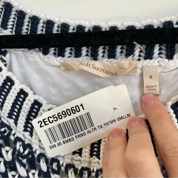 NWT Soft Surroundings Bambado Fringe Halter Tank Top Navy Blue White Knit S - Picture 9 of 13